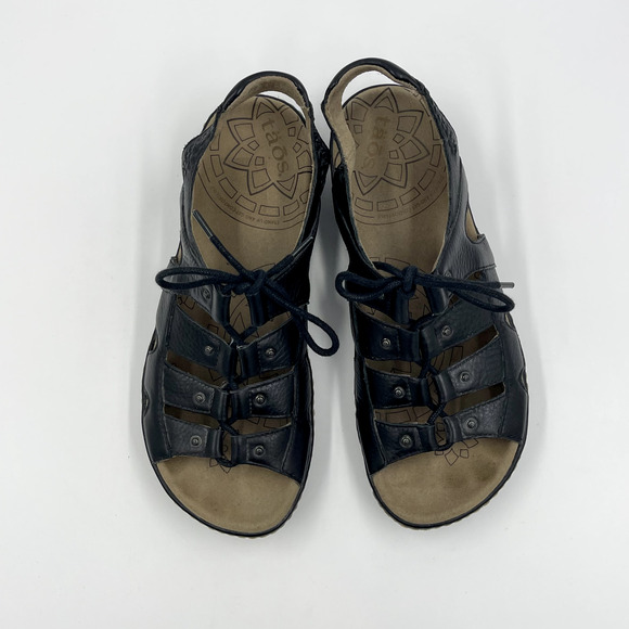 Taos Sandals Women 7 Black Ghilbert Leather Comfort Lace Up Outdoor Active Wedge - Picture 3 of 13